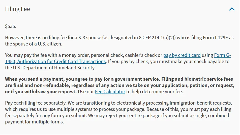 NOA1 K1 Visa processing fee