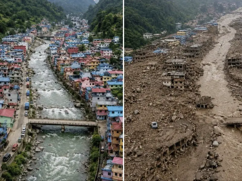 Nepal flood damaged houses and infrastructure