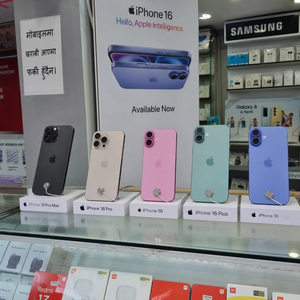 New iPhone 16 series displayed in retail shop in Tamrakar complex with iphone price list