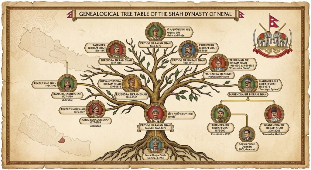 tree diagram of shah dynasty of Nepal