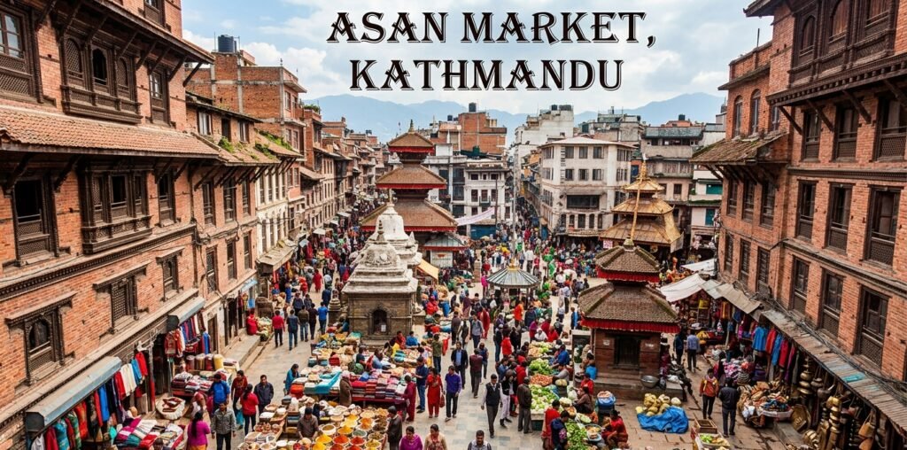 Asan traditional market in Kathmandu with local shops and temples