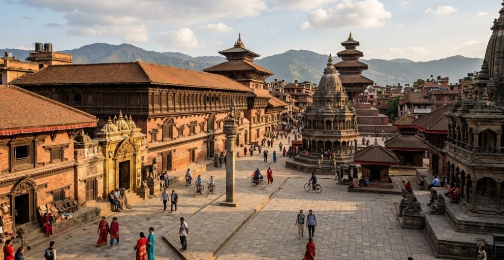Bhaktapur Durbar Square with traditional temples and historic brick buildings