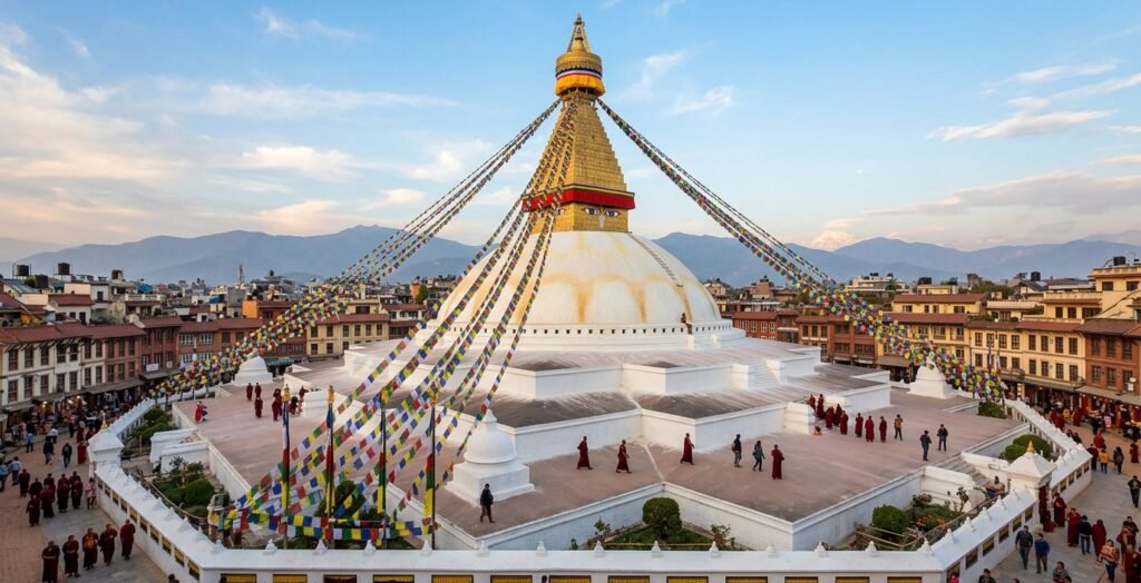Boudhanath Stupa with colourful prayer flags in Kathmandu Nepal