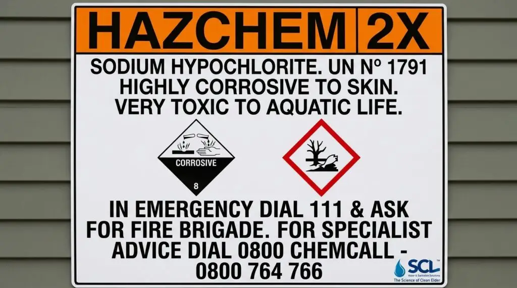 Hazard sign in blue spring water