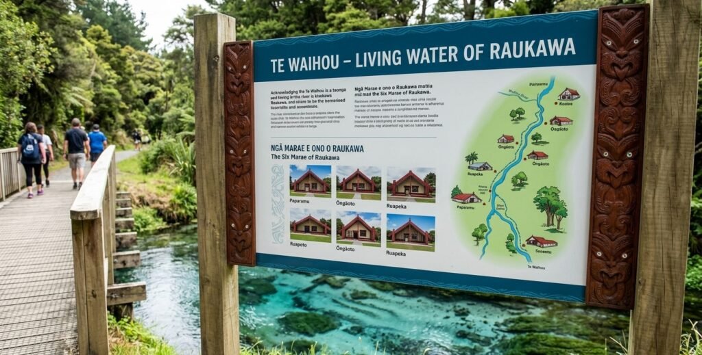 Heritage panel acknowledging the six Raukawa marae and the cultural significance