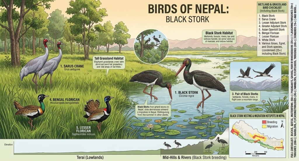 How many birds species found in Nepal-Black Stork