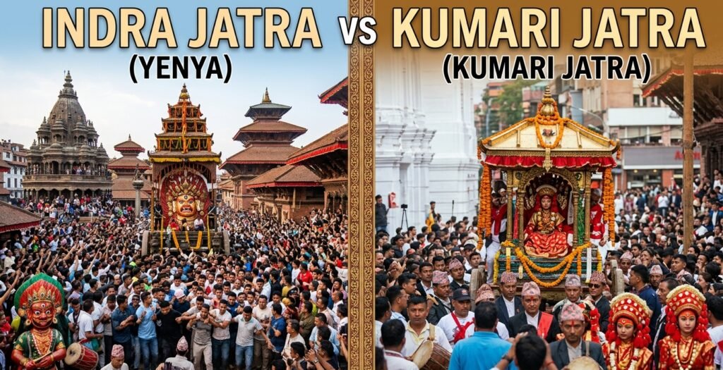 Indra jatra vs Kumari Jatra-Traditional cultural procession during a festival in Kathmandu Nepal