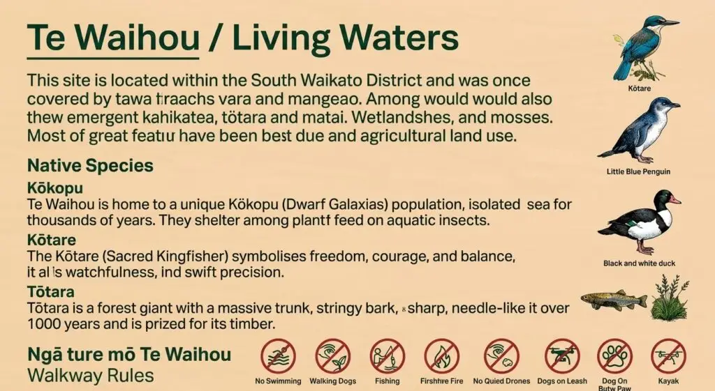  Information on native fish like Kōkopu, birds like Kōtare, and ancient Tōtara forest trees.
