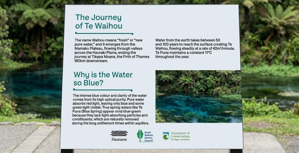 Informational signage outlining the hydrology, optical purity, and 50–100 year subterranean journey of the water.