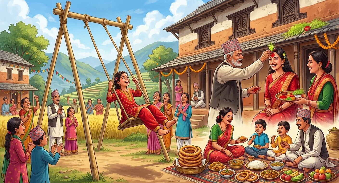 Nepali family receiving Dashain Tika and Jamara during Dashain 2083