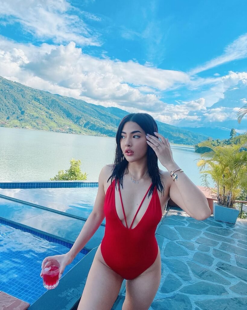 Samragyee rajya in hot red bikini picture at pool (2)
