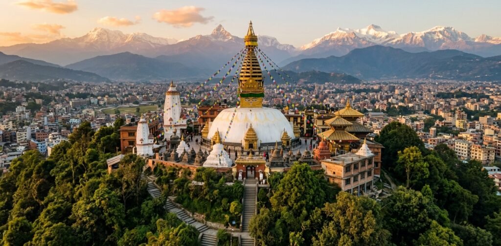Swayambhunath Stupa overlooking Kathmandu Valley in Nepal