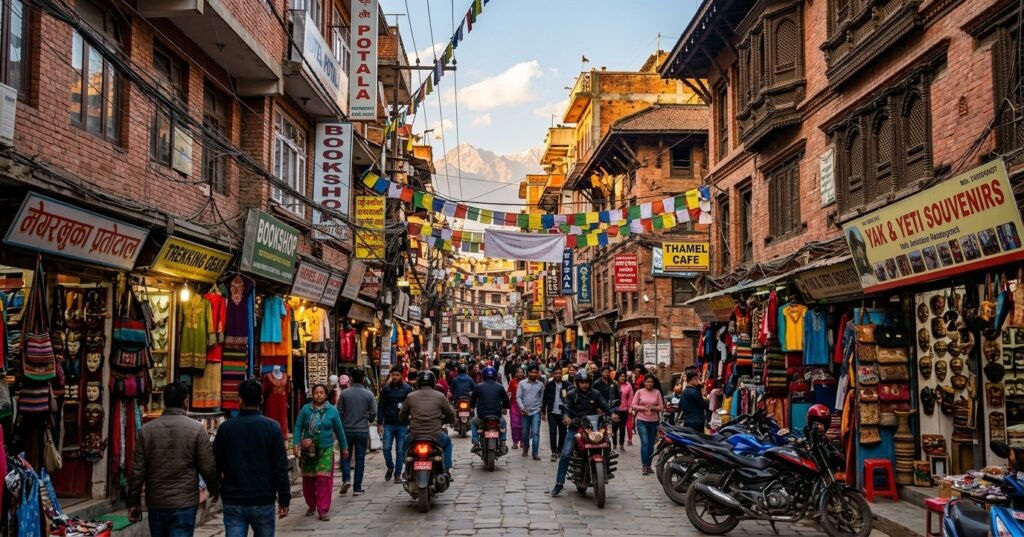 Thamel tourist district in Kathmandu with shops and busy streets