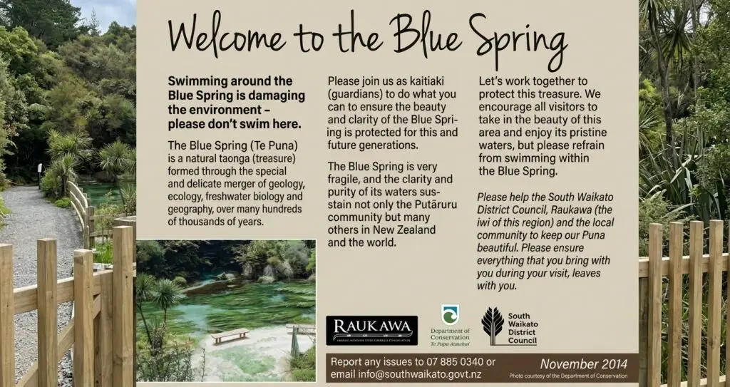 Putaruru Blue Spring-Welcome sign detailing environmental guidelines