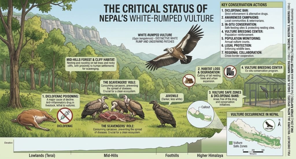White-rumped Vulture- rare birds in Nepal
