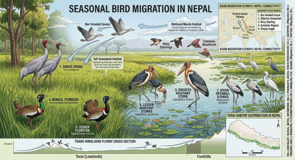 how many bird species are found in Nepal-seasonal bird migration