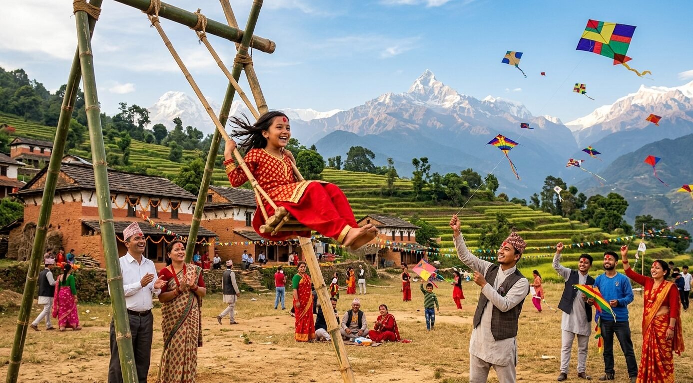 दशैँ २०८३ मा परिवारका ज्येष्ठ सदस्यबाट टीका र जमरा ग्रहण गर्दै नेपाली परिवार